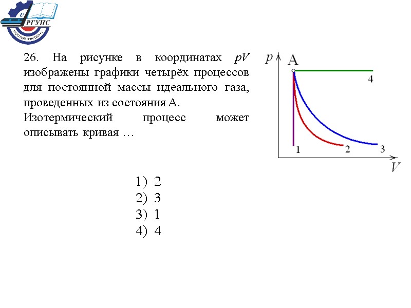 26. На рисунке в координатах pV изображены графики четырёх процессов для постоянной массы идеального